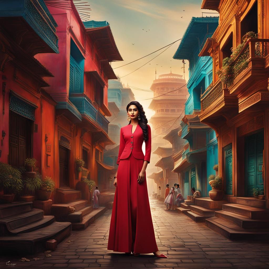 Confident Woman in Cityscape: Detailed Matte Painting