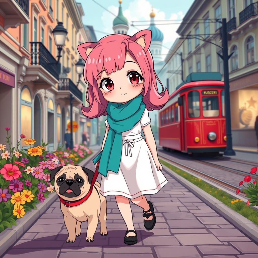 Adorable Anime Girl Walks Pug Puppy in Vibrant Russian City