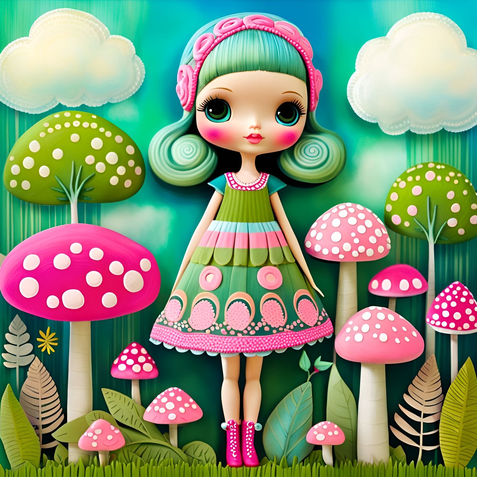 Blythe Doll in Pink Forest, Art Brut Style