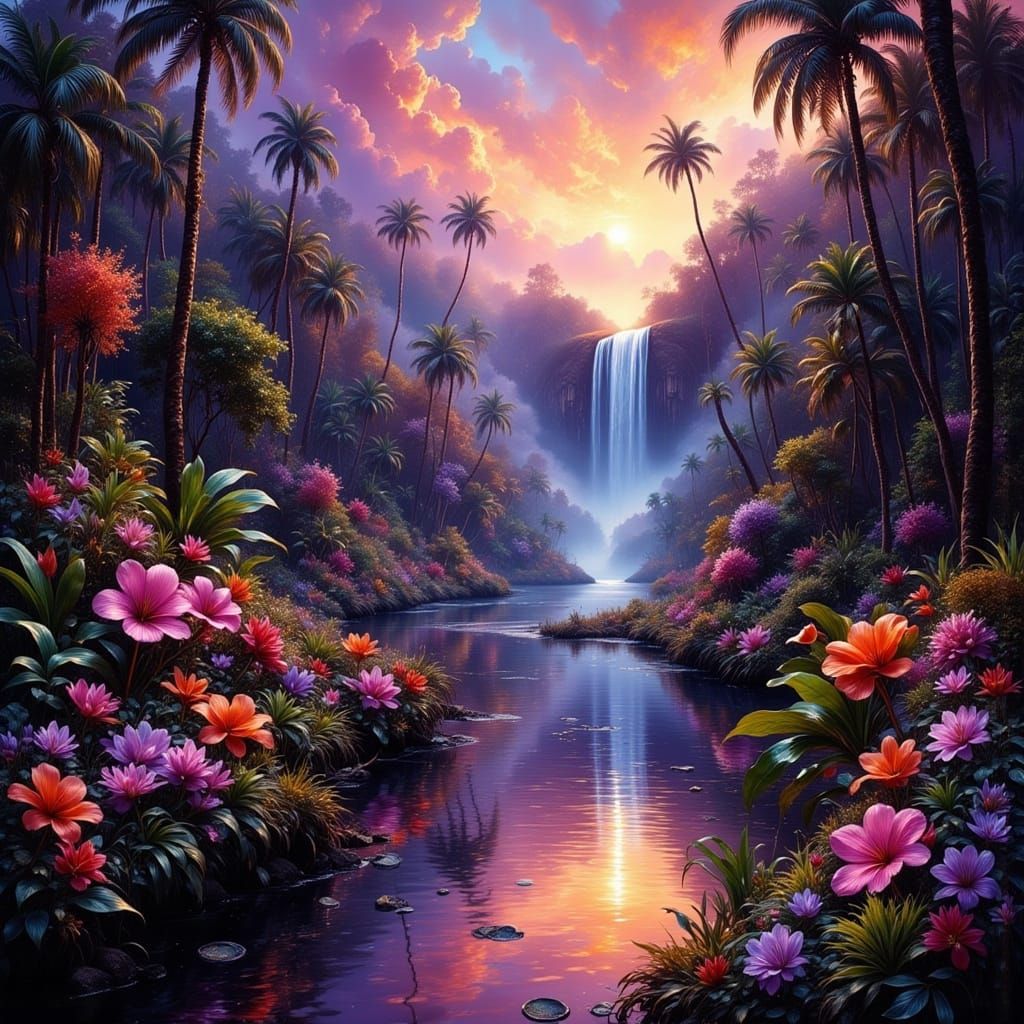Vibrant Subtropical Forest Reflecting Dawn's Colorful Sky