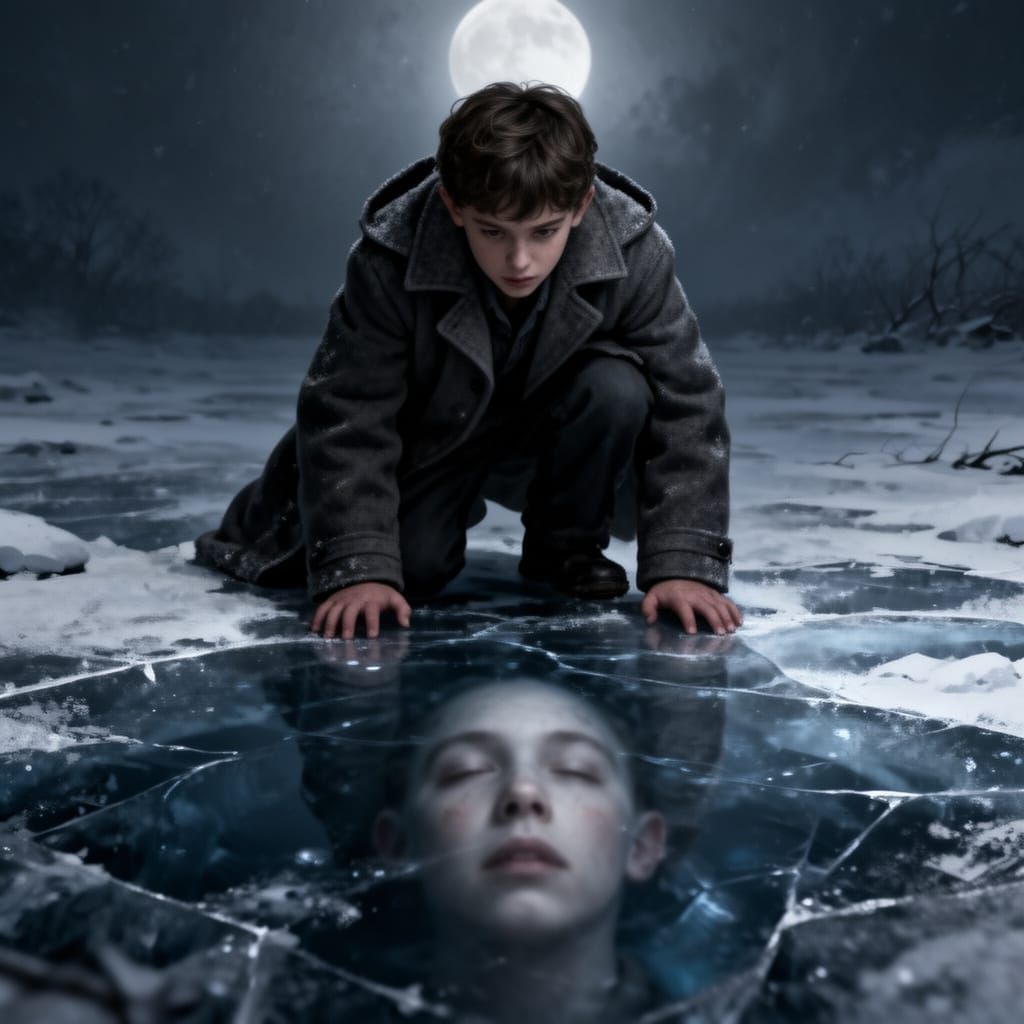 Boy Peering Through Ice on Dark Winter Night