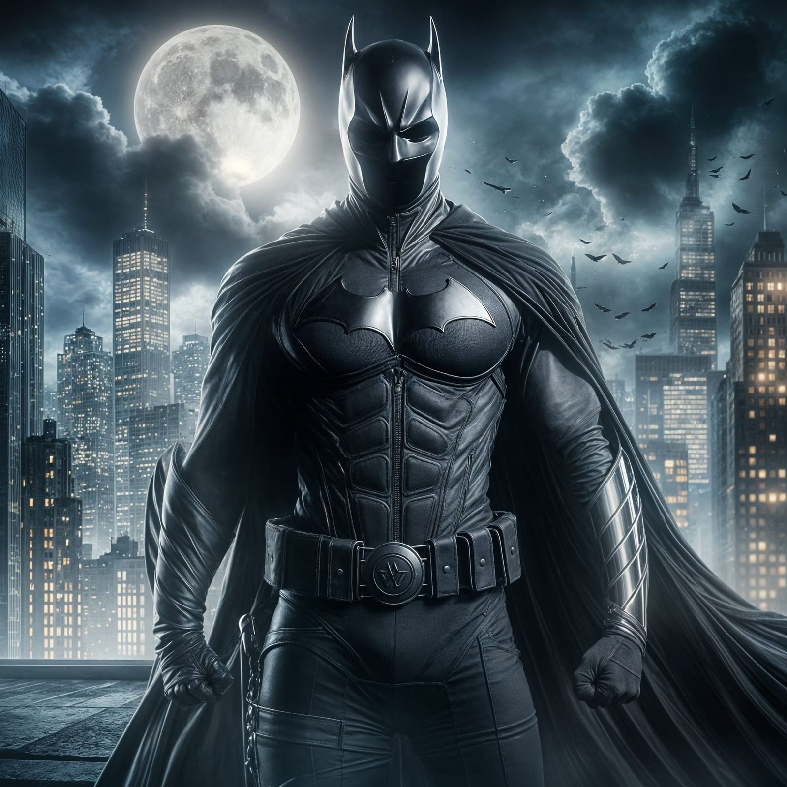 Dark Knight Vigilante in Gothic Cityscape