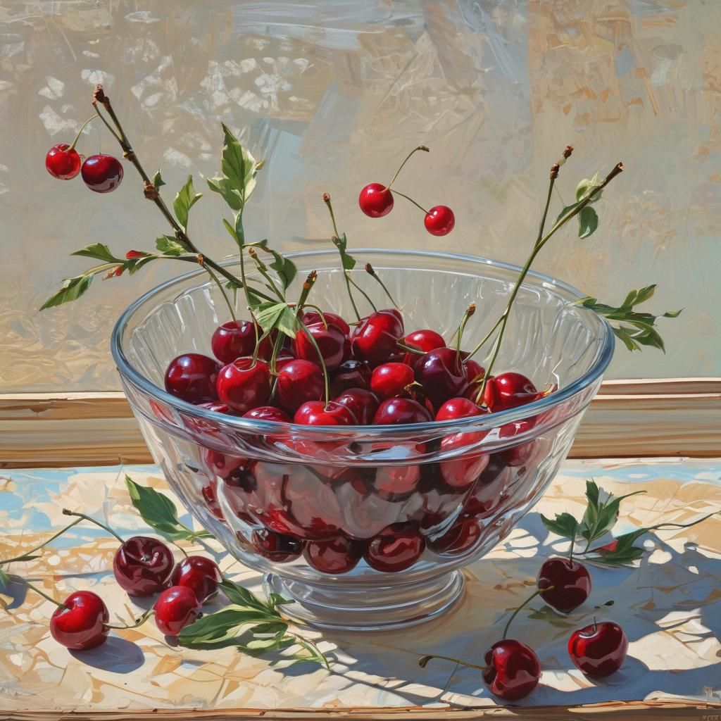 Sweet Red  Cherries  in a glass old fashion bowl