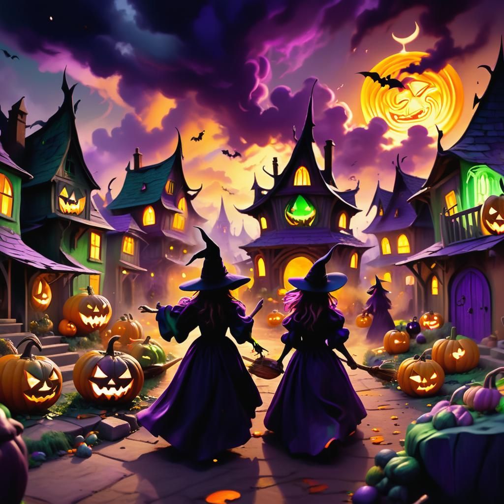Witches Cause Chaos in Mystical Town: Surreal Oil Painting