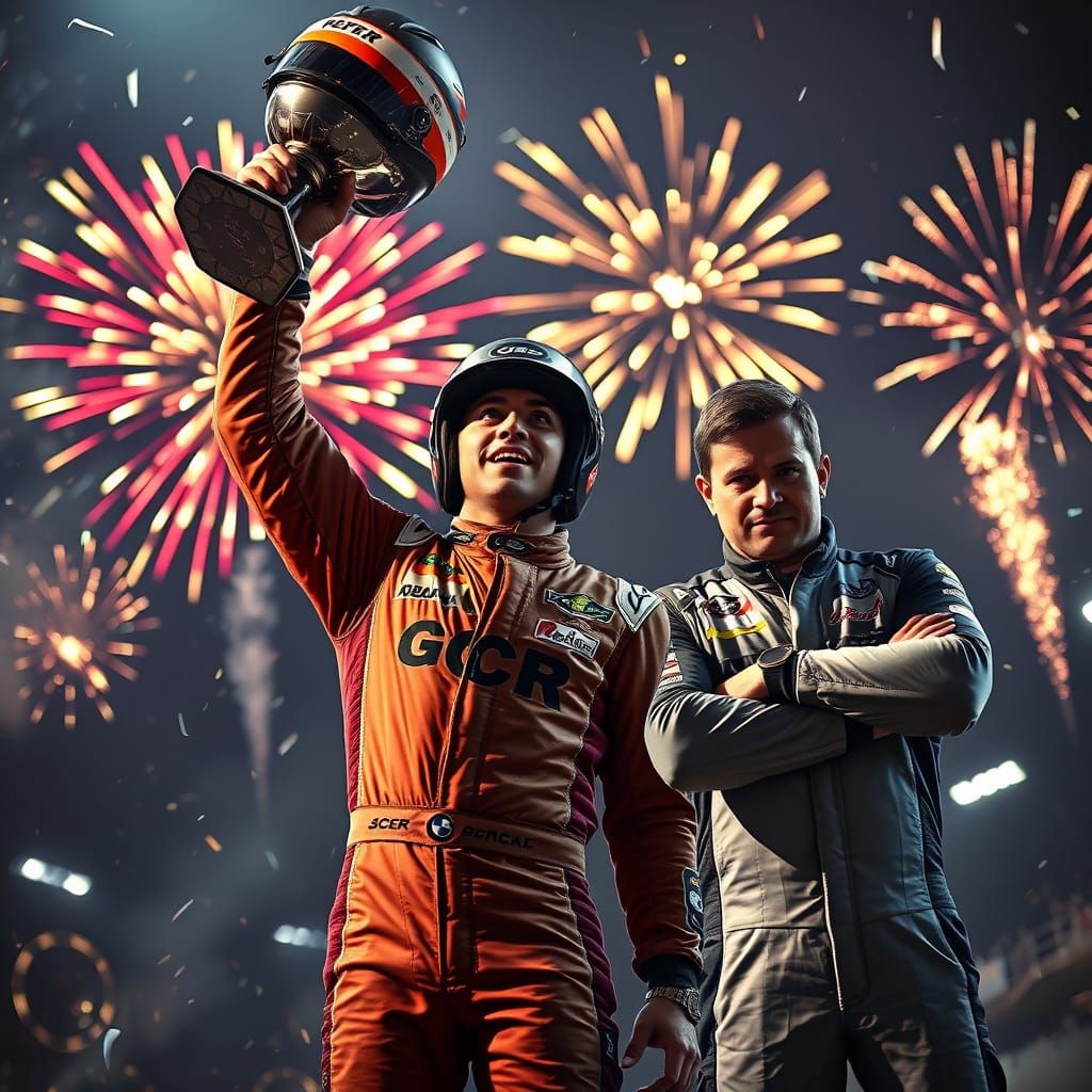 Triumphant Racing Driver Holds Championship Trophy Amidst Co...