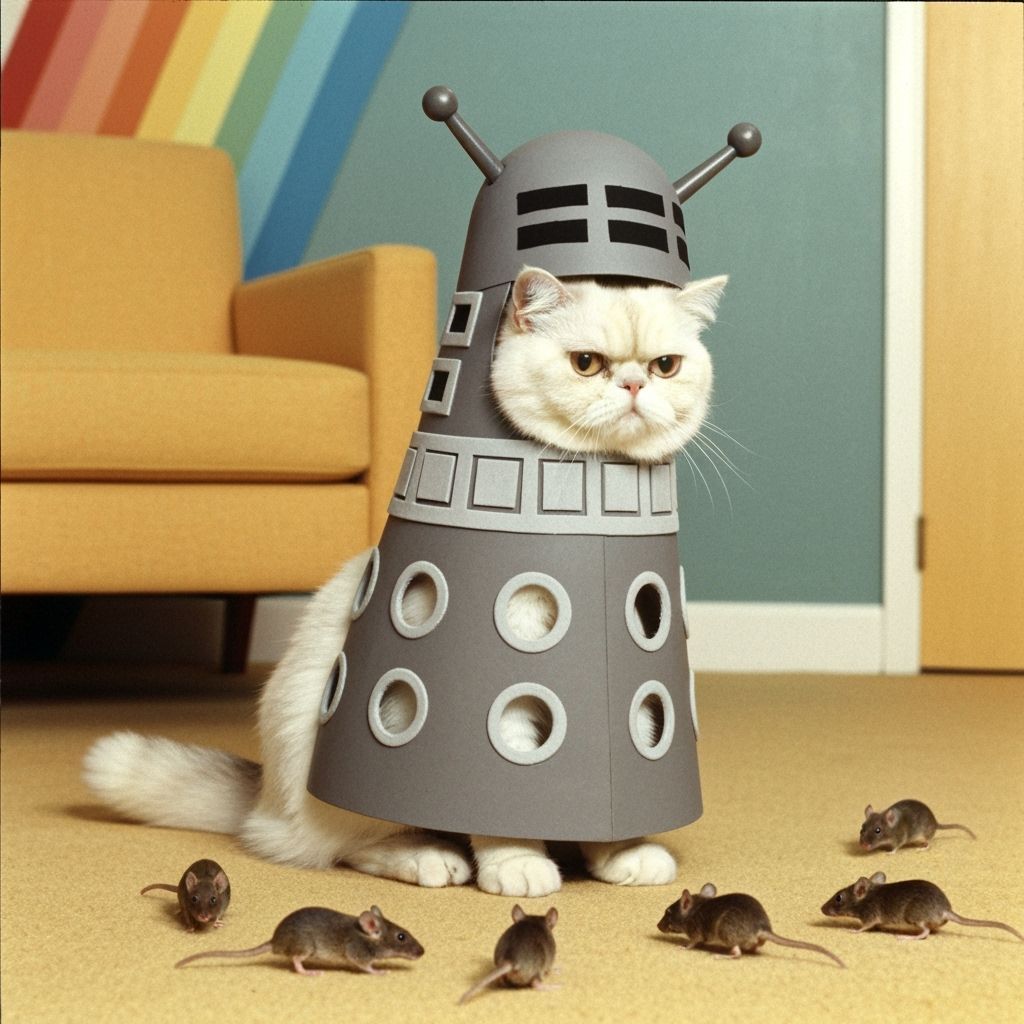 Grumpy Cat Dressed As Dalek in 1960s Living Room