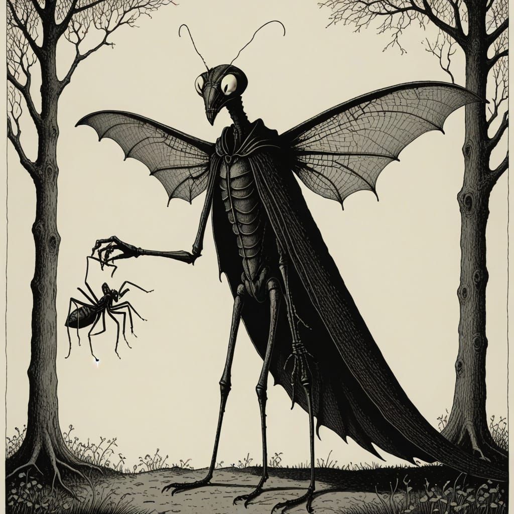Vampire Mantis Illustration in Edward Gorey Style