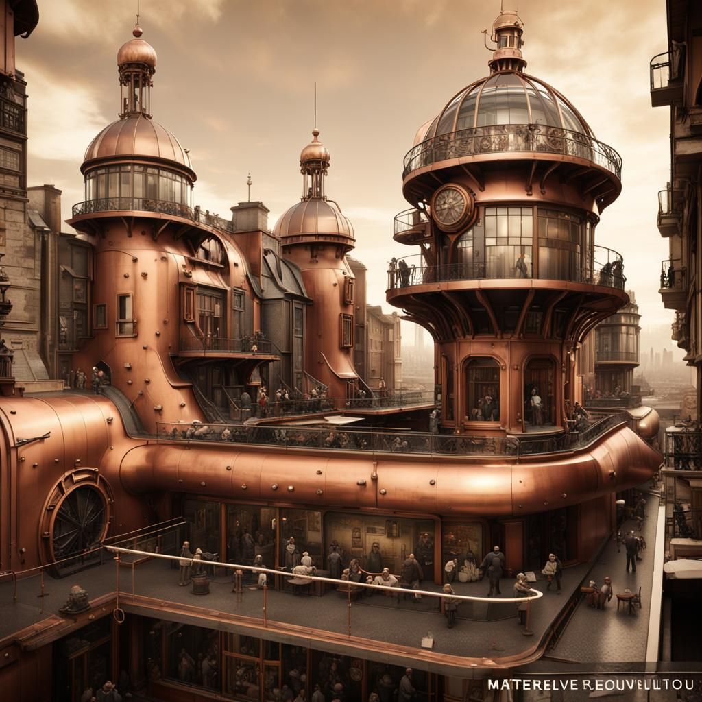 Steampunk Cityscape: Copper, Glass, and Greenery