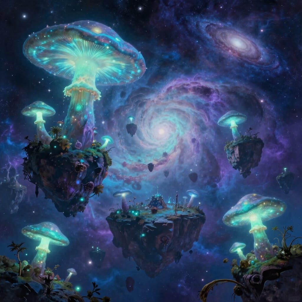 Alien Sky with Glowing Mushrooms on Floating Islands