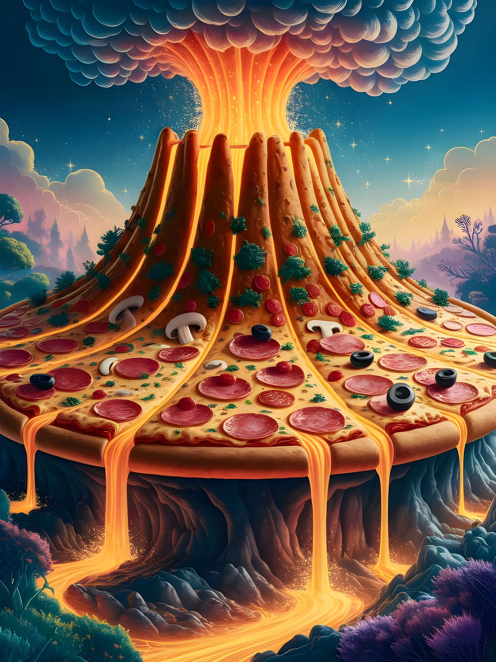 Pizza Volcano Eruption in Whimsical Digital Art Style