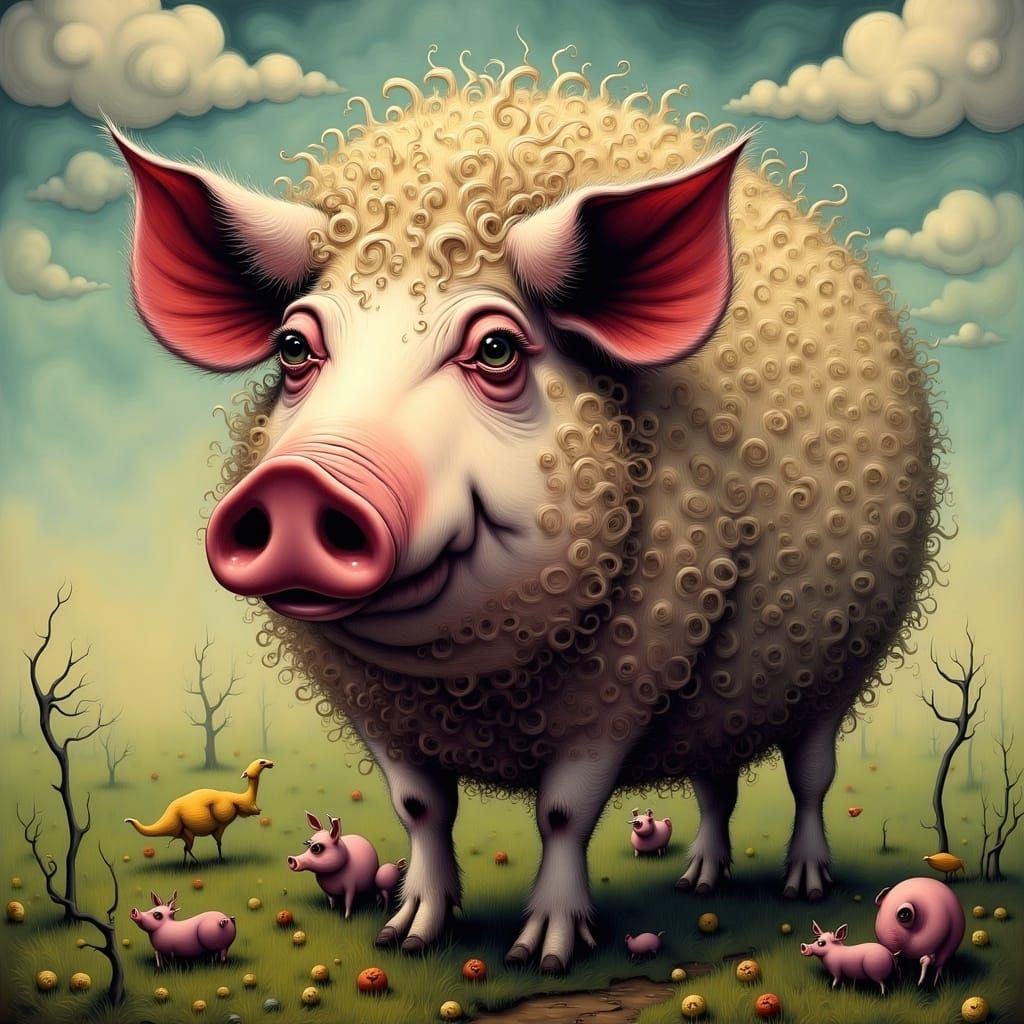 Giant Woolly Pig in Dark Whimsical Style