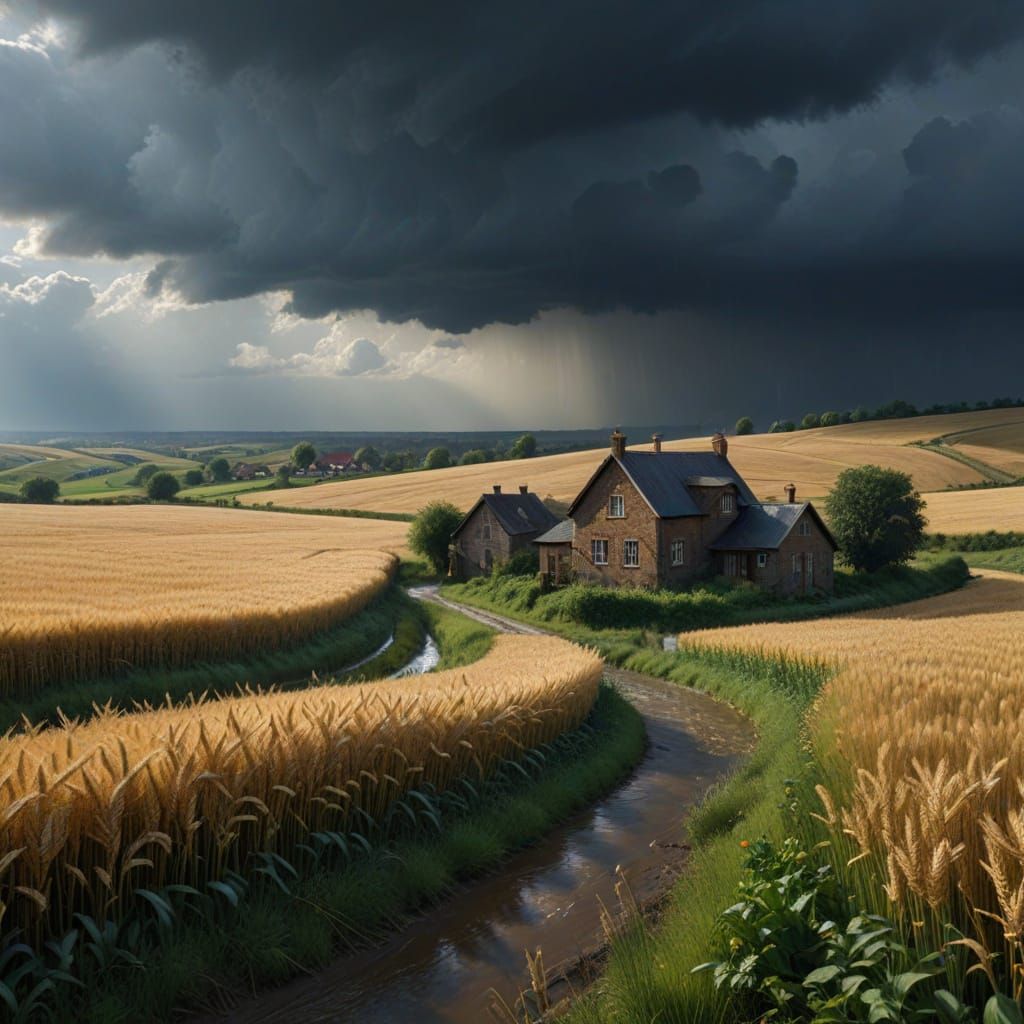 Golden Wheat Fields in Rain: Hyper-Realistic Digital Landsca...