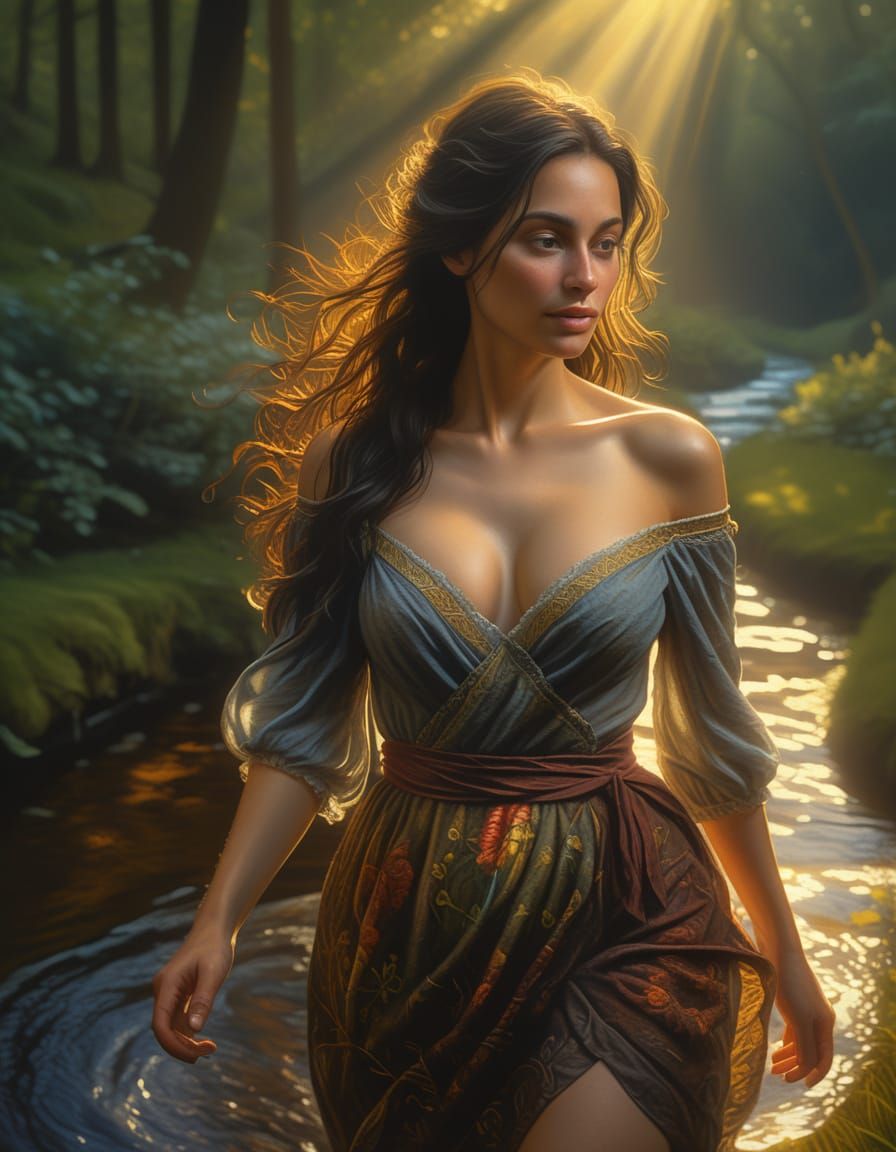 Renaissance Woman Walks in Ethereal Morning Light