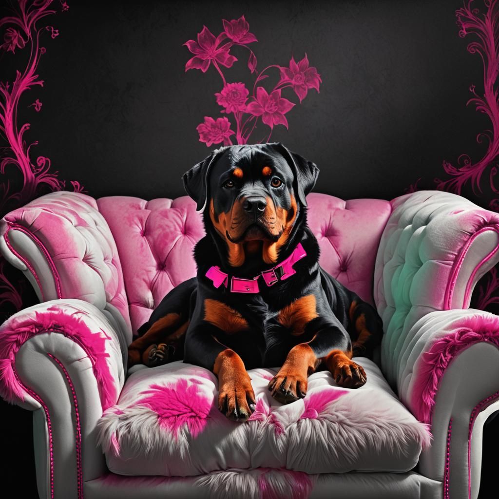 Hot Pink Rottweiler on White Couch, Digital Art
