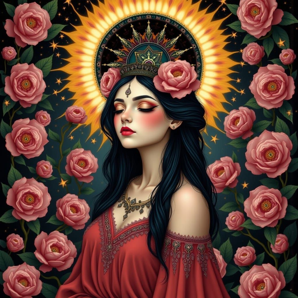 Surreal Goddess in Vibrant Floral Wonderland