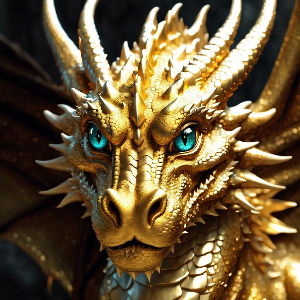 Gorgeous Golden Dragon Portrait in 3D