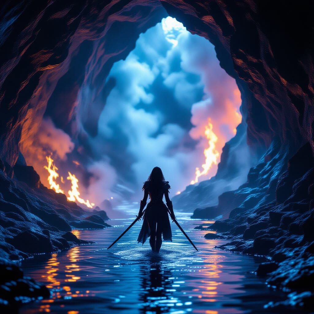 Woman Walks Through Fiery River in Dark Cavern