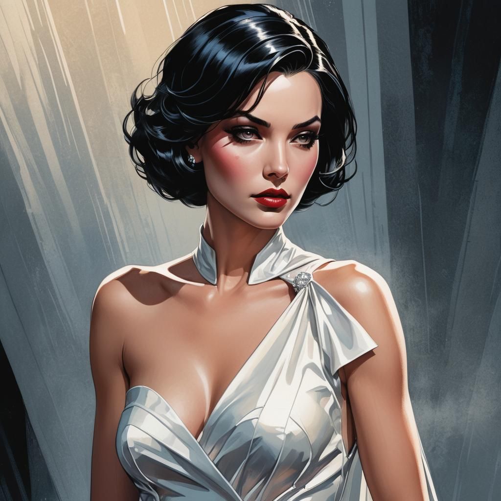 Glamorous Woman in White Gown, Realistic Comic Art