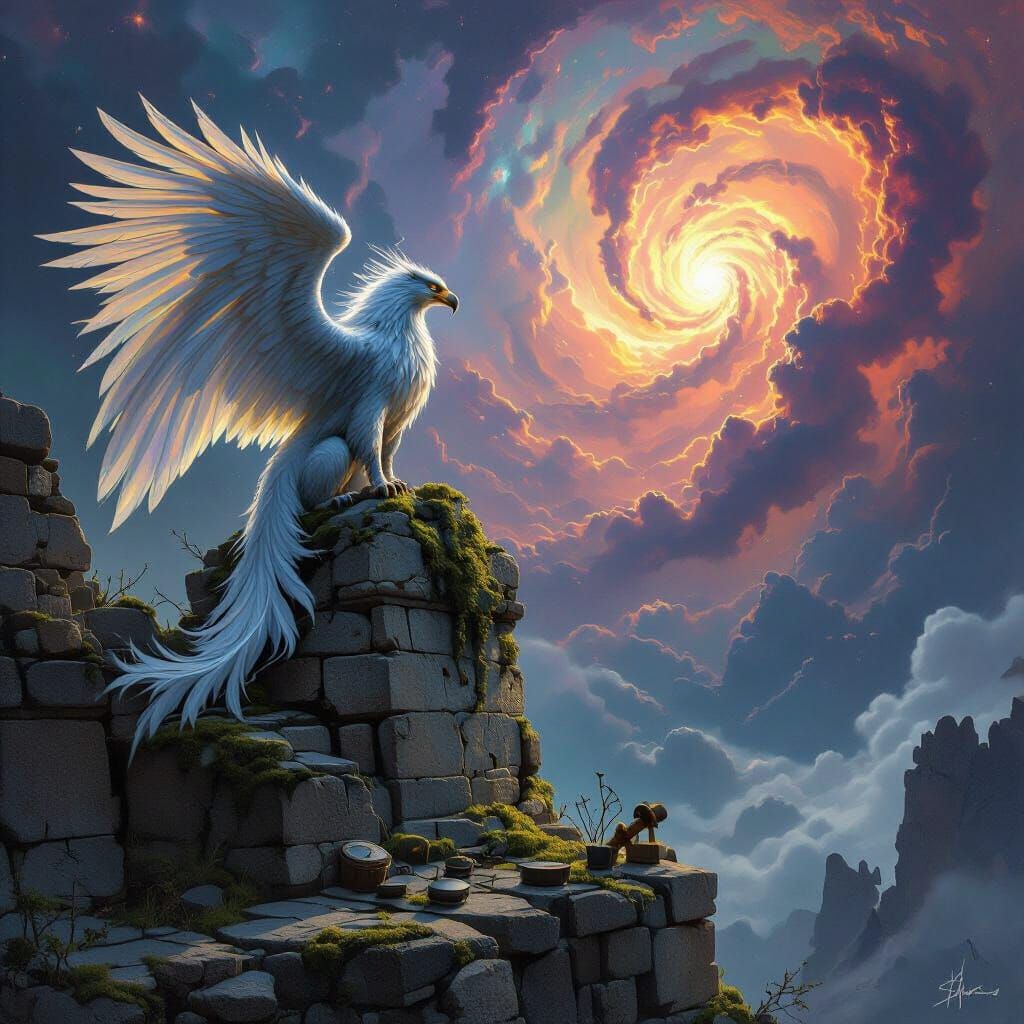 Griffin Overlooking Nebula in Hyperreal Style