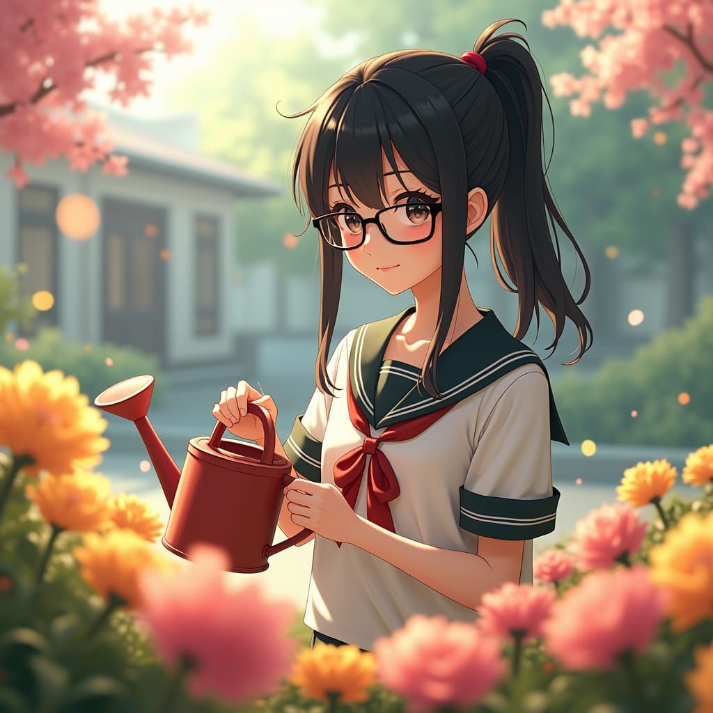 Anime Girl Watering Flowers in Japanese Garden