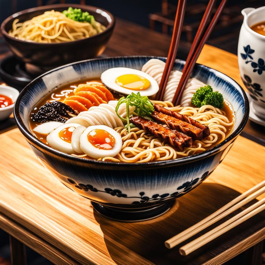 Steaming Ramen Bowl in Ukiyo-e Style, Photorealistic