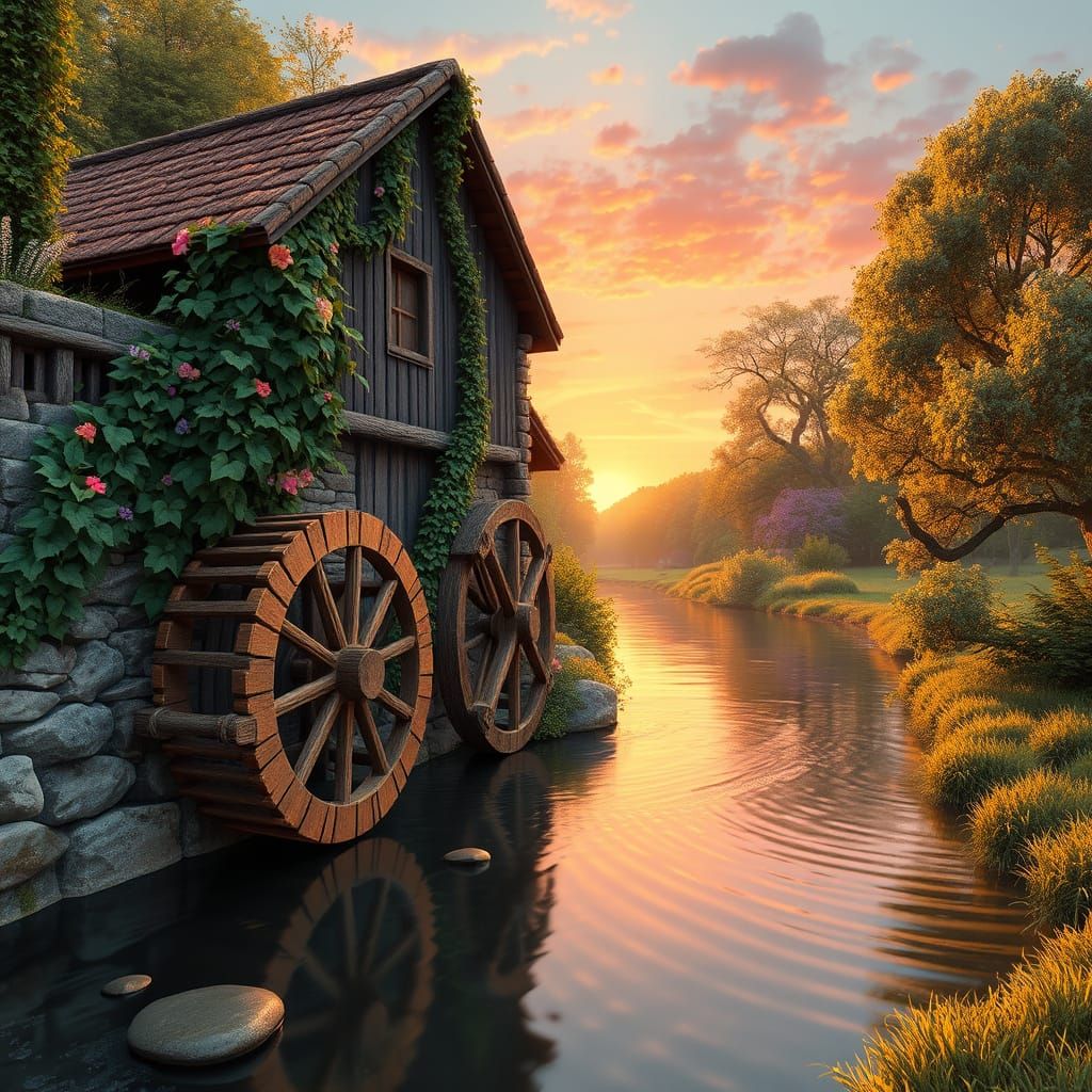 Idyllic Watermill Scene in Whimsical Style