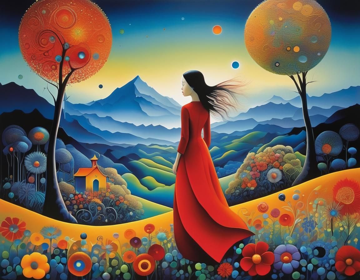 Iridescent Fantasy Landscape in Gouache Painting Style