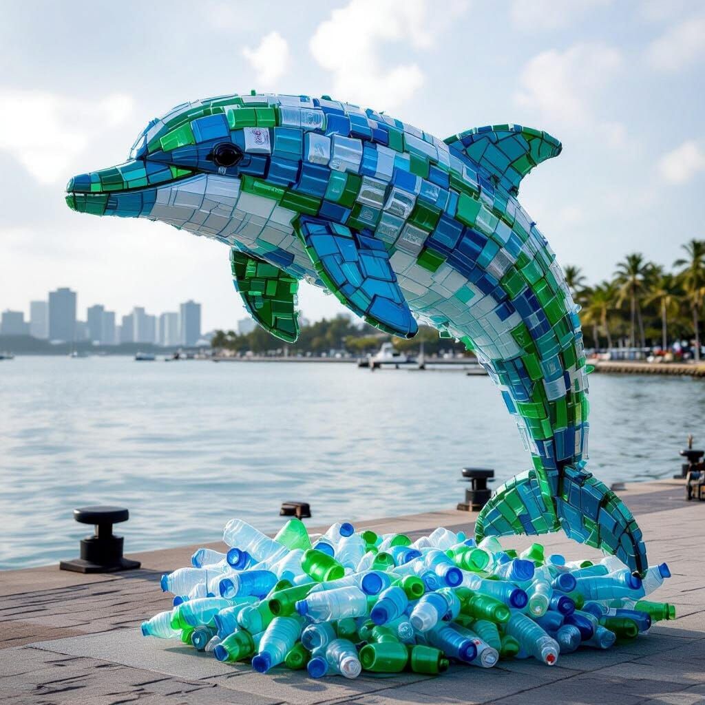 Dolphin Sculpture Assembled from Recycled Plastic Bottles