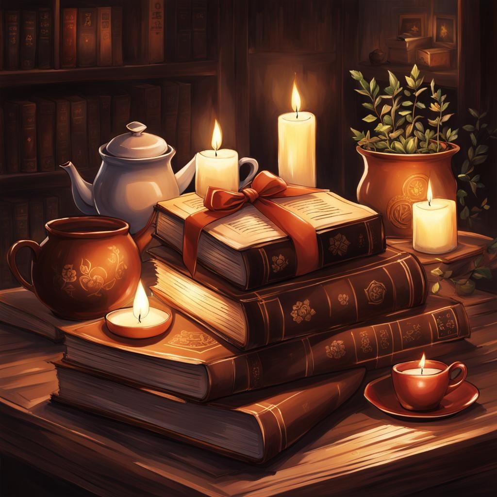 Anime-Style Still Life with Books, Candles and Pentacle