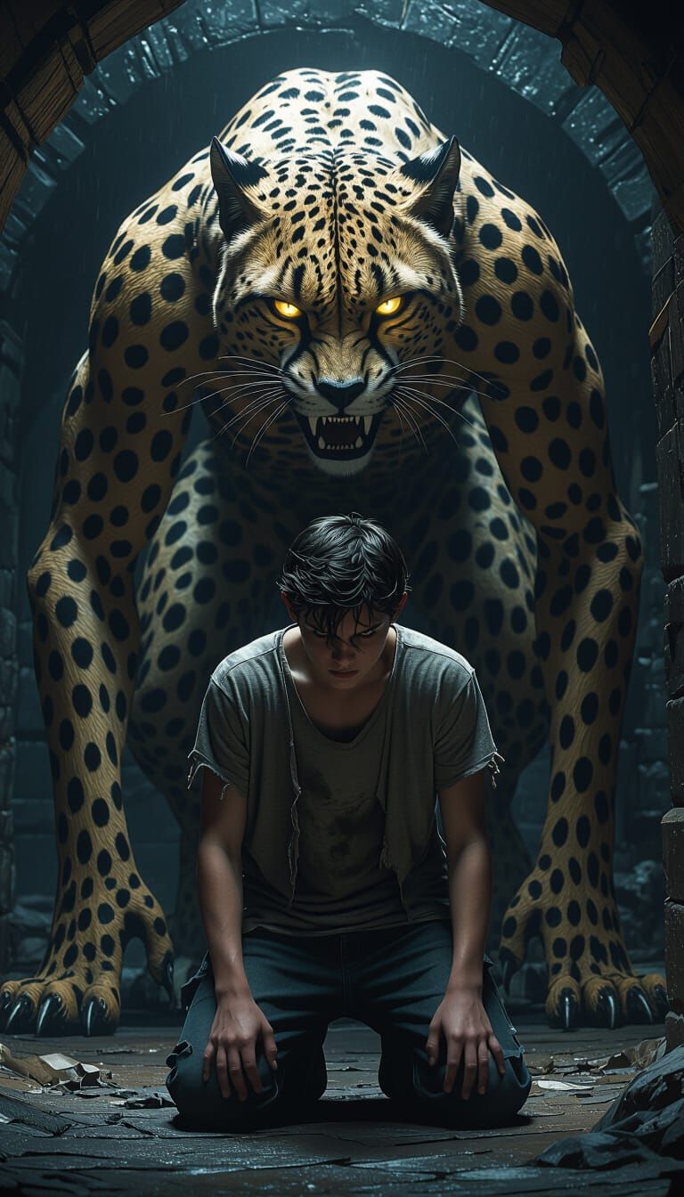 Terrified Teen Boy Faces Cheetah Monster in Dark Dungeon