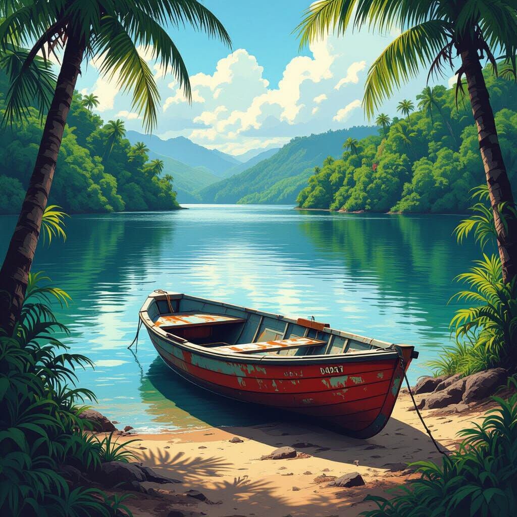 Tropical Lake with Dinghy, Hyperrealistic Digital Art