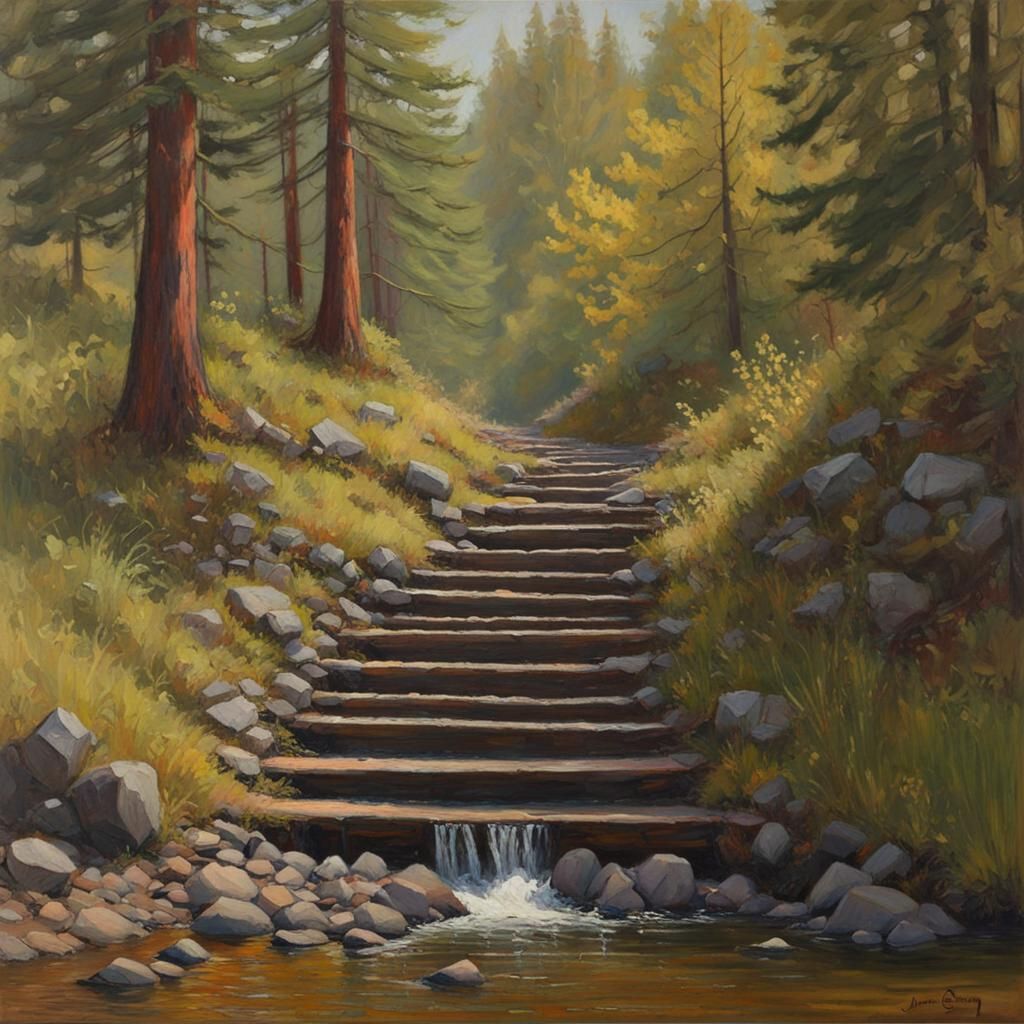 Salmon Staircase: Oil Painting by James Gurney