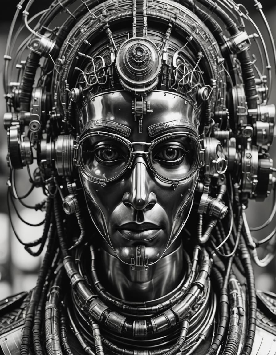 Cyberpunk Tutankhamun Mask Portrait in Black & White