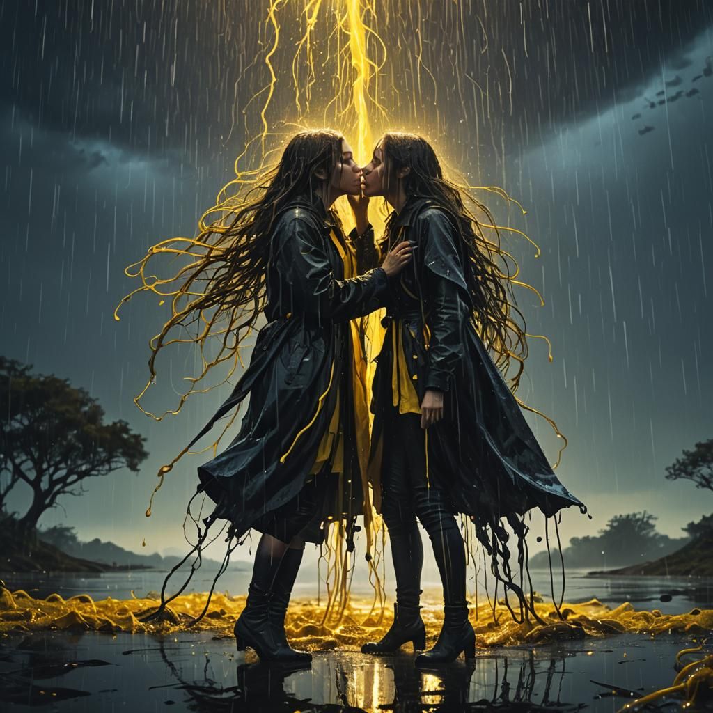 Fantasy Kiss Under Black and Yellow Rain