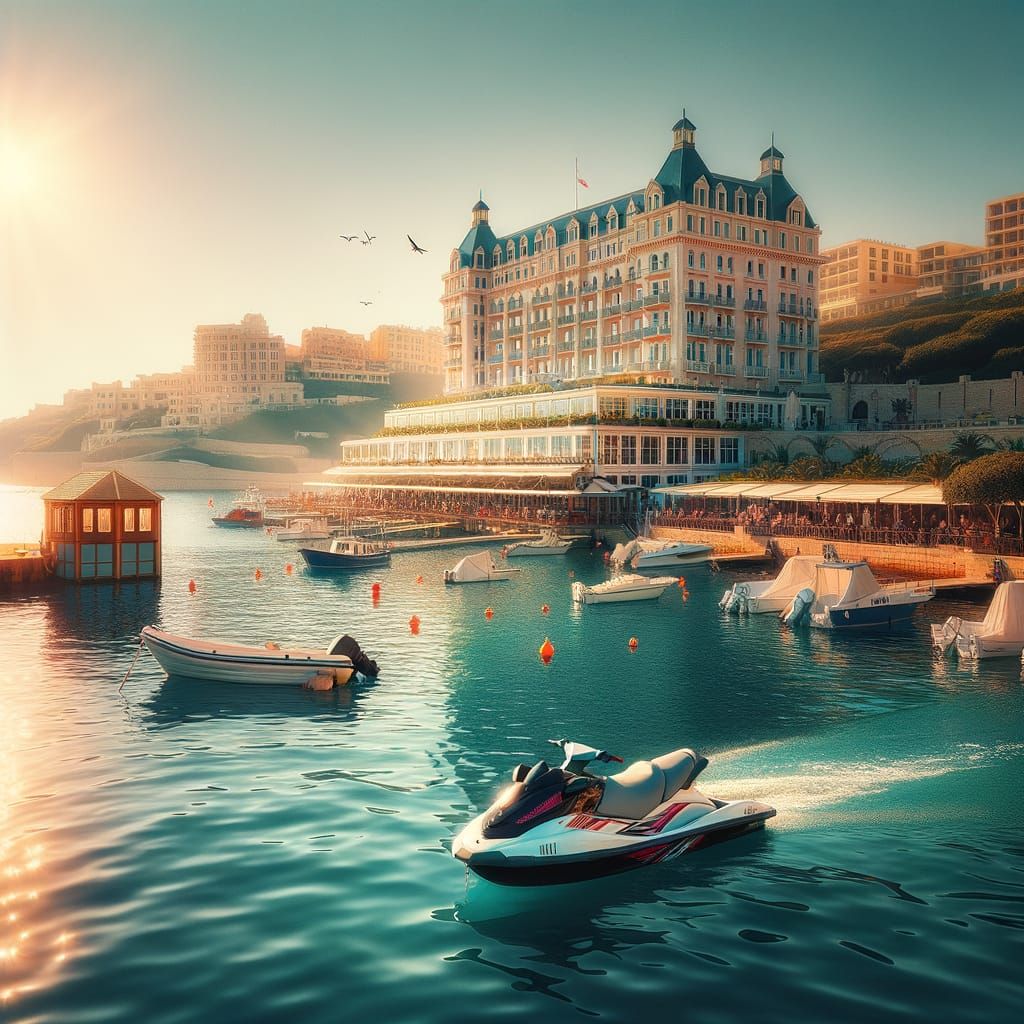 Jet Ski in Harbor Near Lavish Hotel