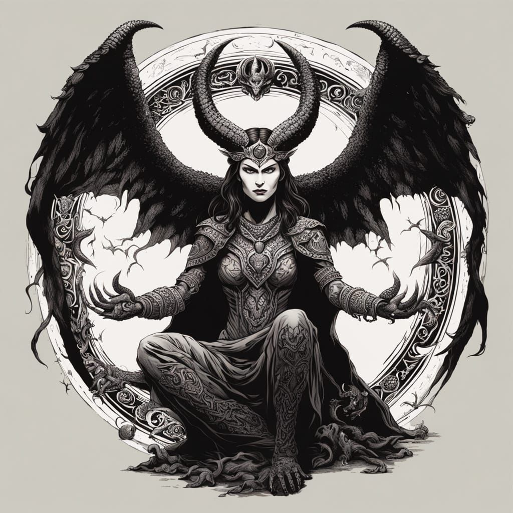 Ethereal Demoness in Majestic Nocturnal Landscape