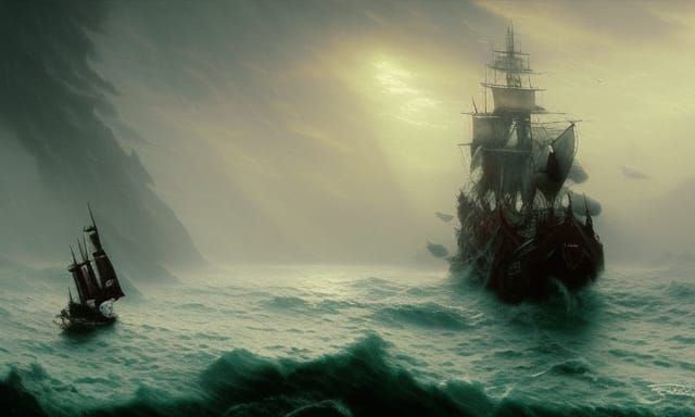Pirate Ship on Dark Waters in Ethereal Style