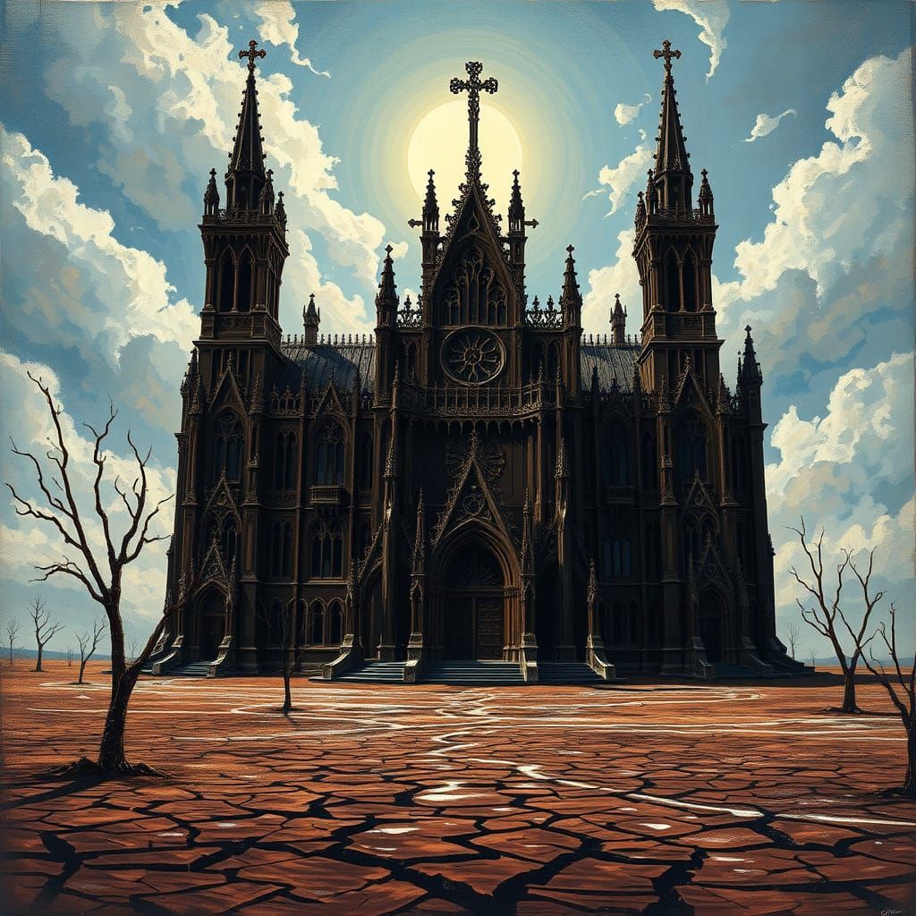 picture a grand, gothic cathedral made entirely of dark chocolate, slowly melting under the heat of a summer sun. The in...