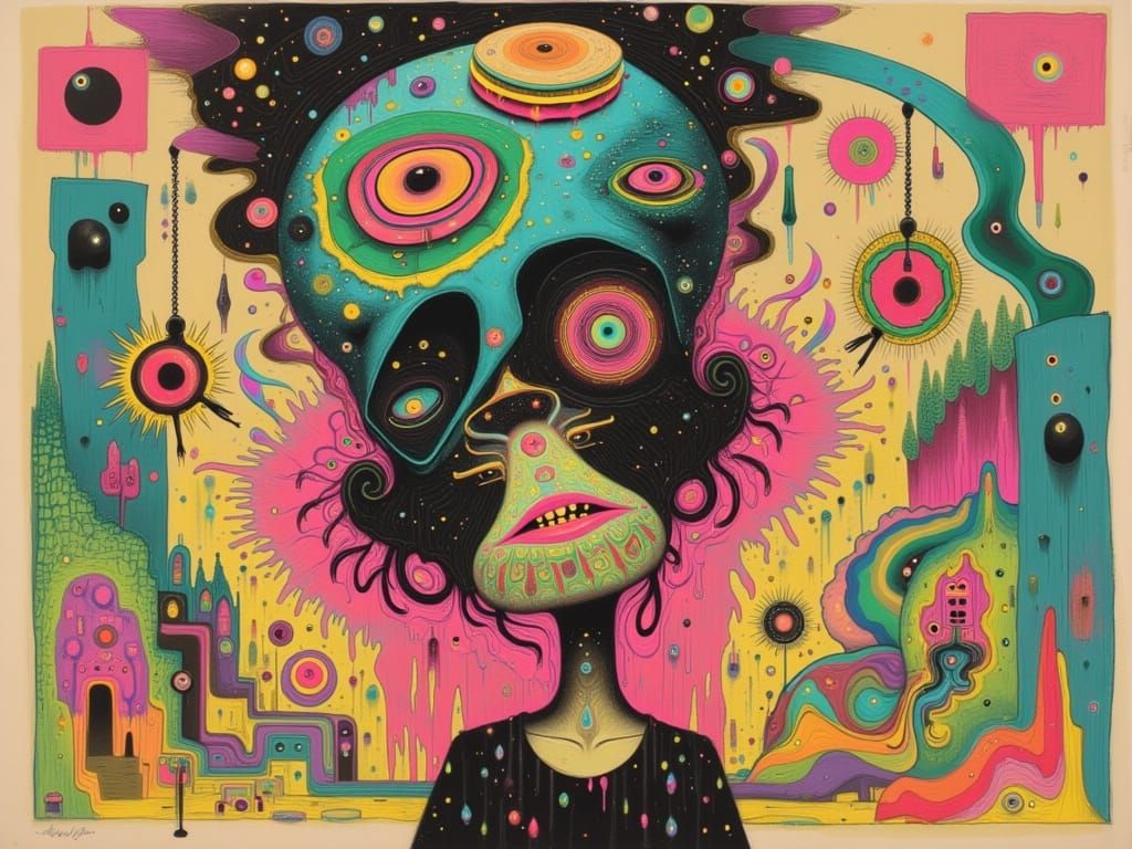 Surreal Figure with Warped Head Embracing Unfathomable Objec...