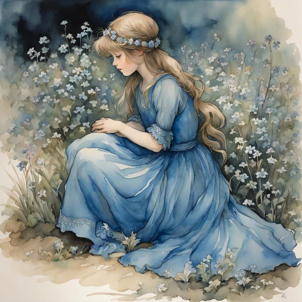 Girl with Forget-Me-Nots in Rackham Style Watercolor