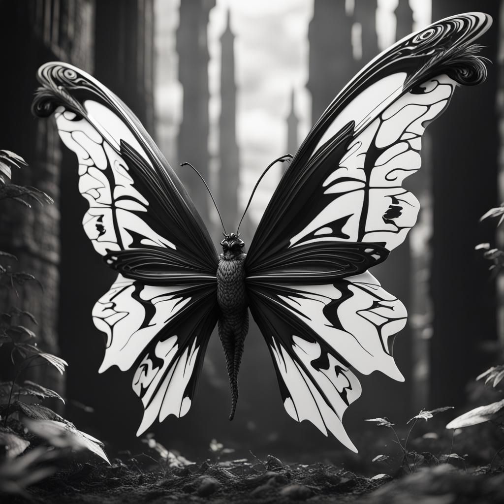 Detailed Black and White Phoenix Butterfly Art