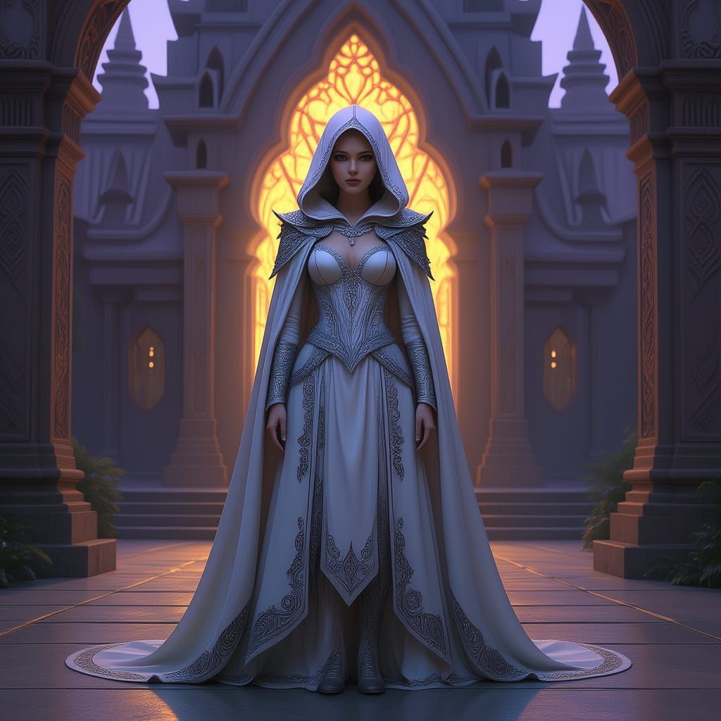 Elven Queen Before Temple, Hyperrealistic Portrait