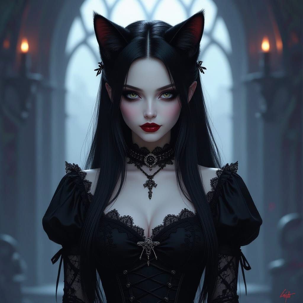Gothic Cat-Eared Girl with Dark Fantasy Art Style