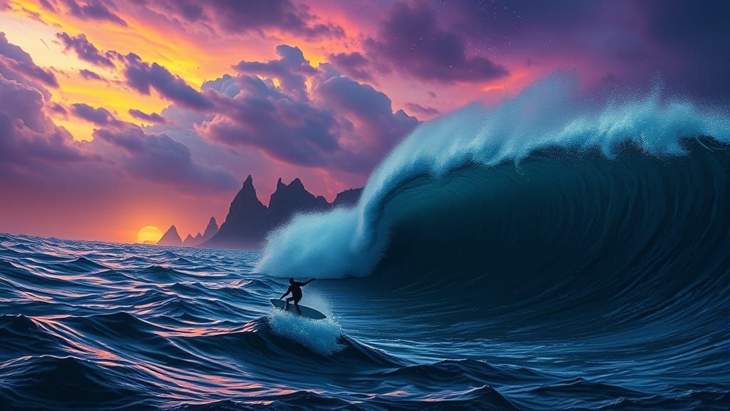 Surfer on Colossal Wave Under Alien Twilight Sky