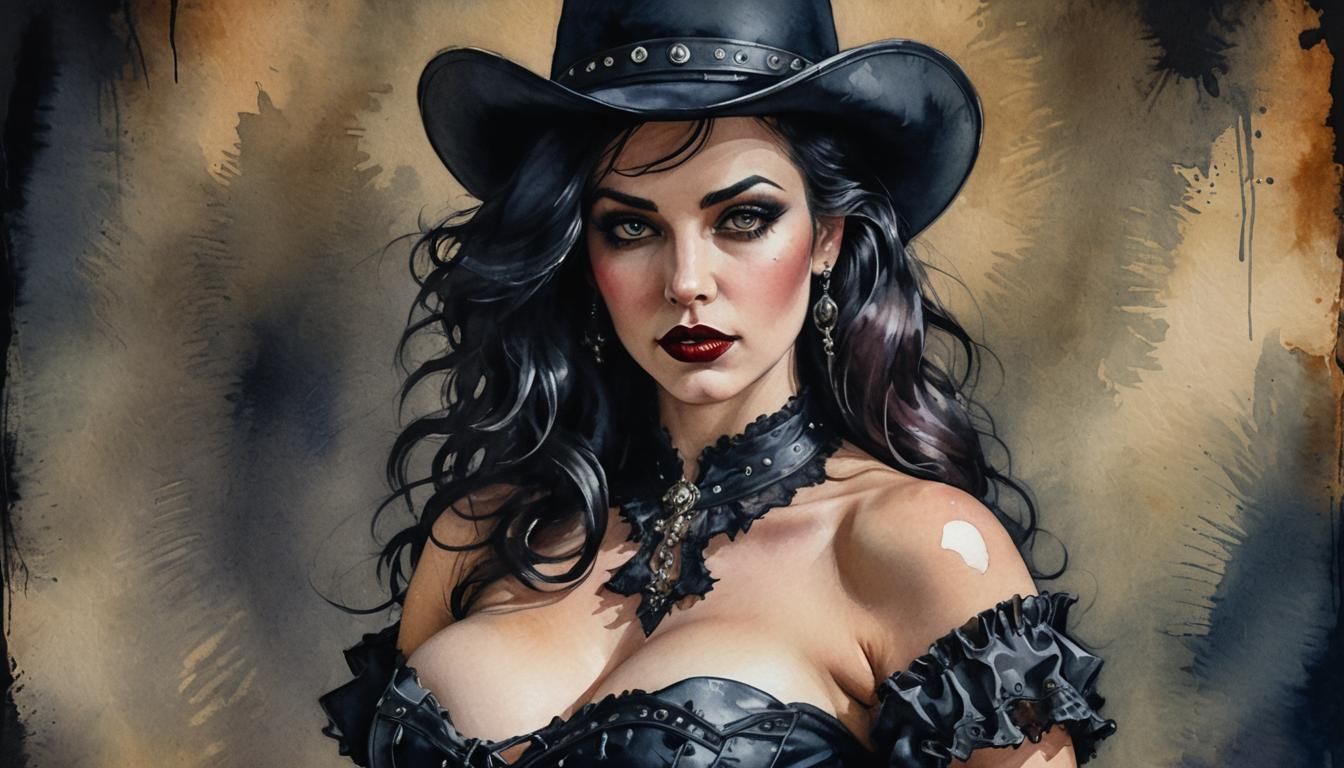 Gothic Pin-Up Temptress Portrait in Watercolor Style