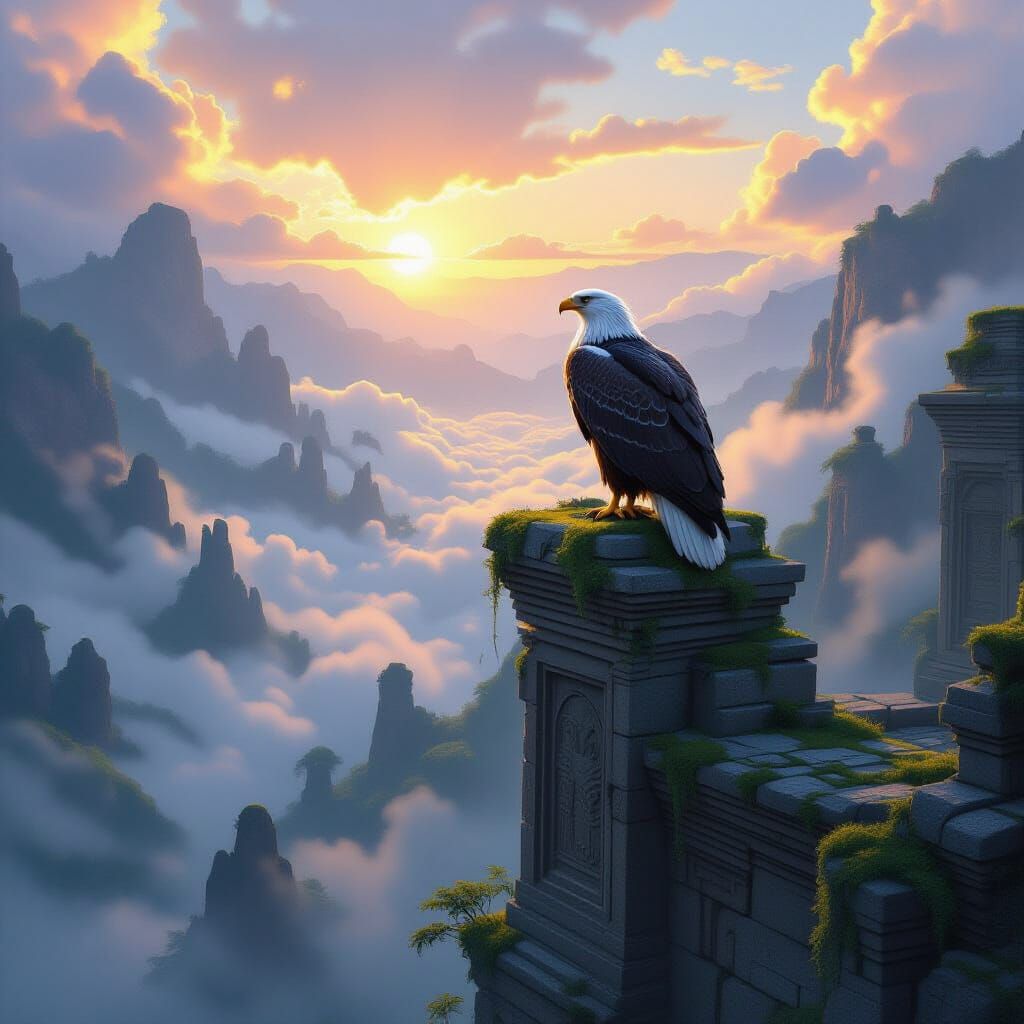 Majestic Eagle Over Ancient Ruins at Dawn