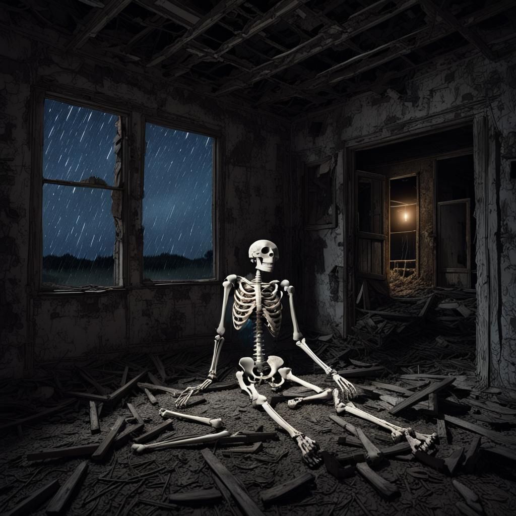 Skeleton in Abandoned House During Thunderstorm