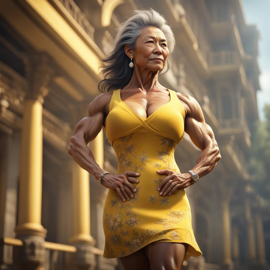 Asian Bodybuilder in Yellow Sundress: Detailed Matte Paintin...