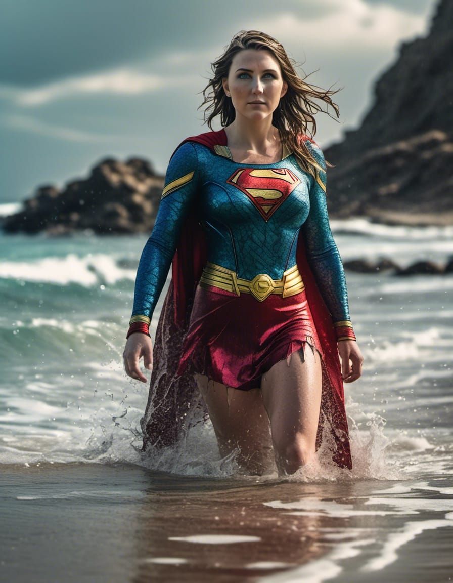 Supergirl on Beach with Rainbow in Dreamlike Style