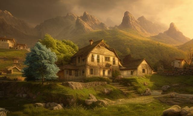 Picturesque Old Farmhouse in Valley: Matte Painting